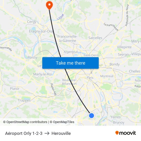 Aéroport Orly 1-2-3 to Herouville map