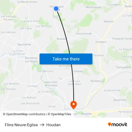 Flins-Neuve-Eglise to Houdan map