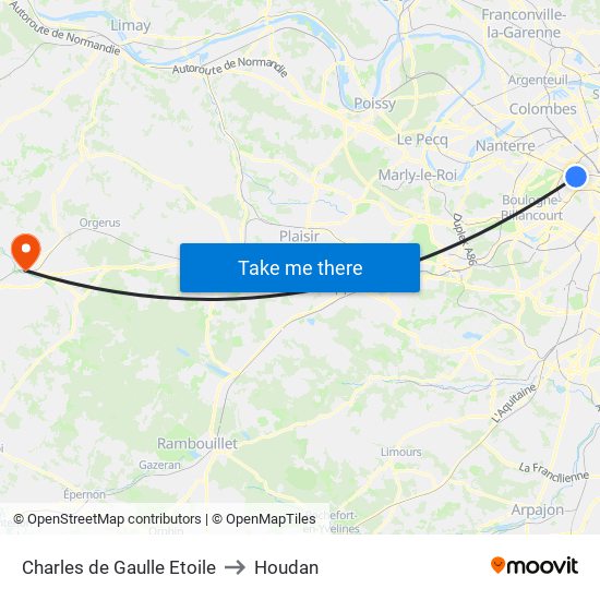Charles de Gaulle Etoile to Houdan map
