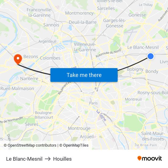 Le Blanc-Mesnil to Houilles map