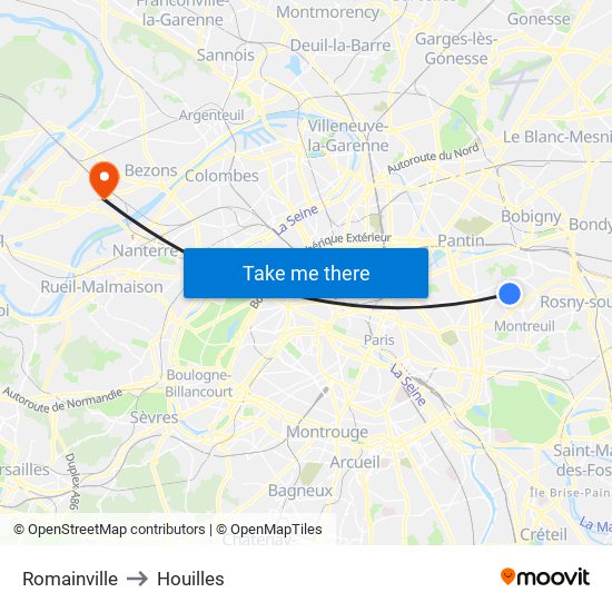Romainville to Houilles map