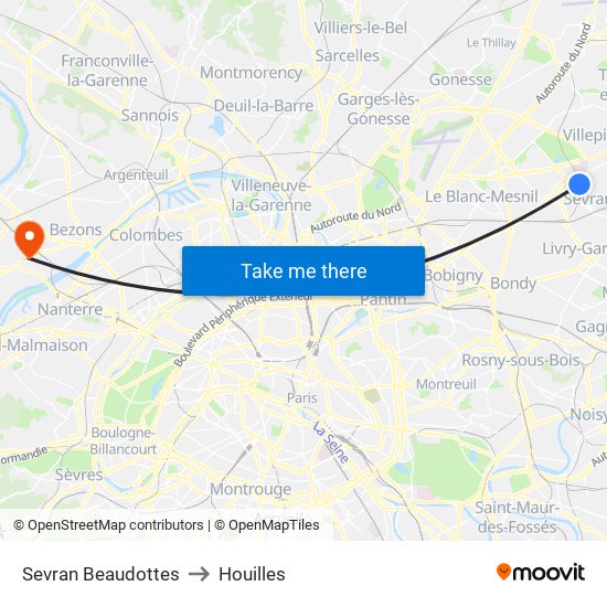 Sevran Beaudottes to Houilles map
