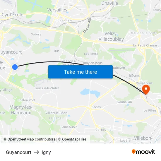 Guyancourt to Igny map
