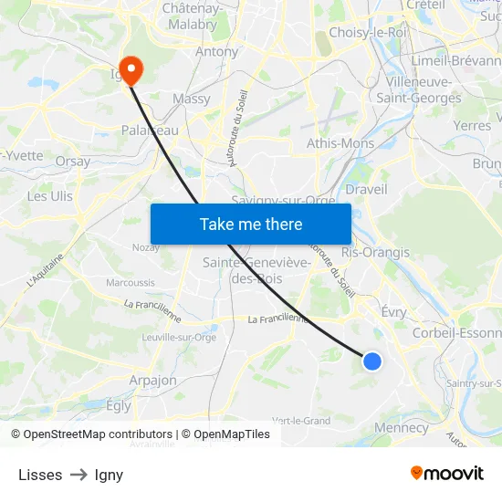 Lisses to Igny map