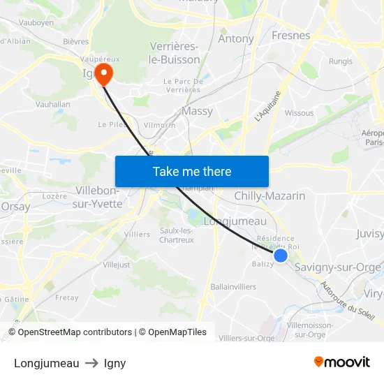 Longjumeau to Igny map