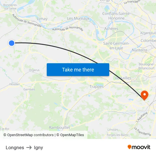 Longnes to Igny map