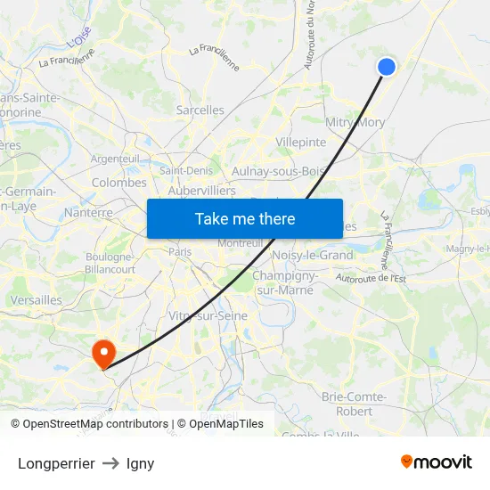 Longperrier to Igny map