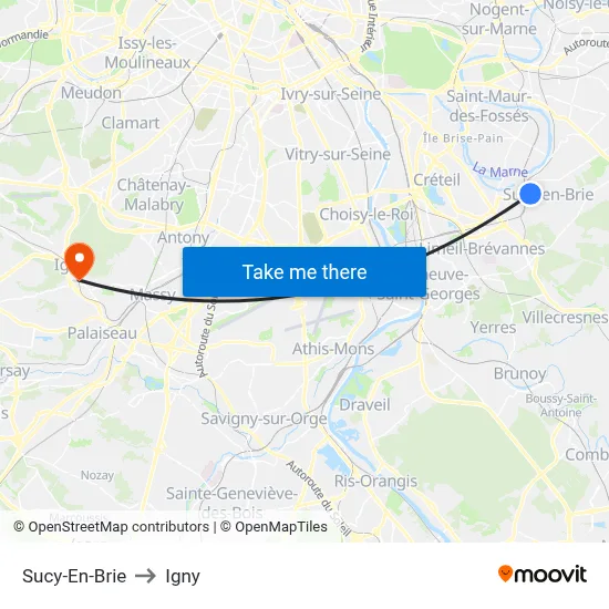 Sucy-En-Brie to Igny map