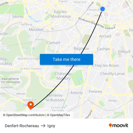Denfert-Rochereau to Igny map