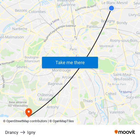 Drancy to Igny map