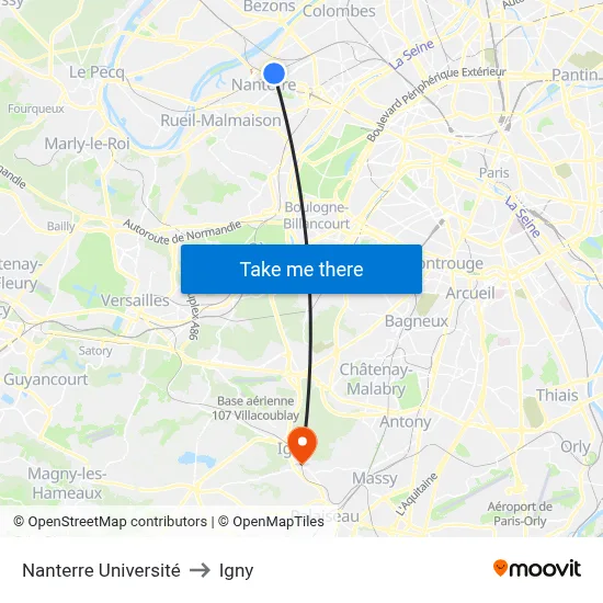 Nanterre Université to Igny map