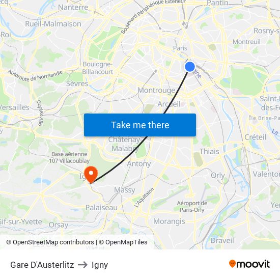 Gare D'Austerlitz to Igny map