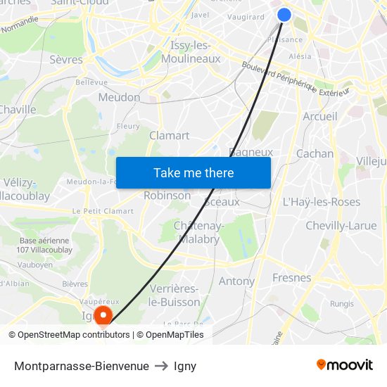 Montparnasse-Bienvenue to Igny map