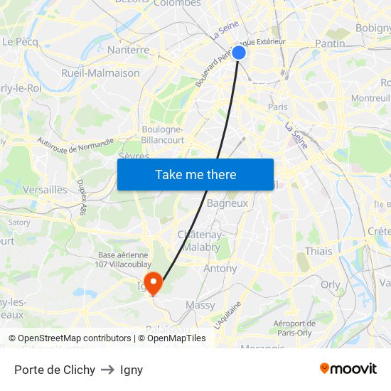 Porte de Clichy to Igny map