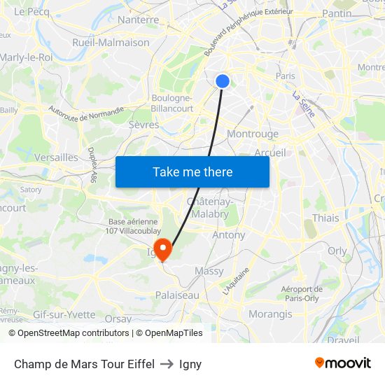 Champ de Mars Tour Eiffel to Igny map