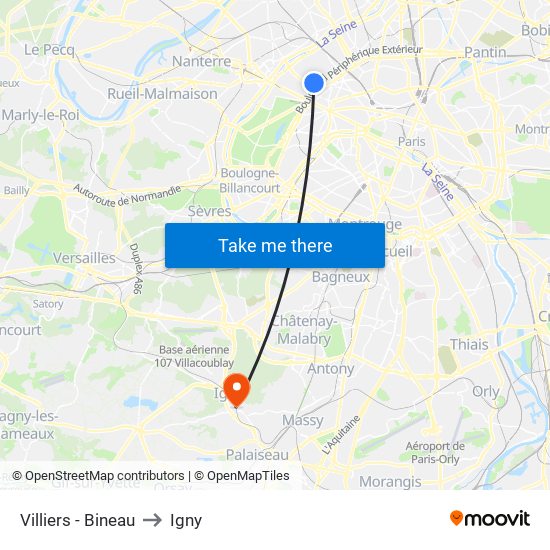 Villiers - Bineau to Igny map