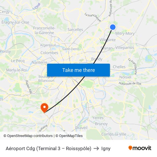 Aéroport Cdg (Terminal 3 – Roissypôle) to Igny map