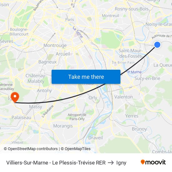 Villiers-Sur-Marne - Le Plessis-Trévise RER to Igny map