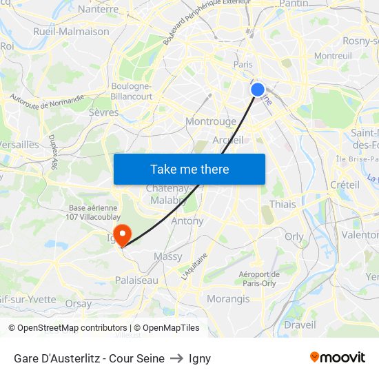 Gare D'Austerlitz - Cour Seine to Igny map
