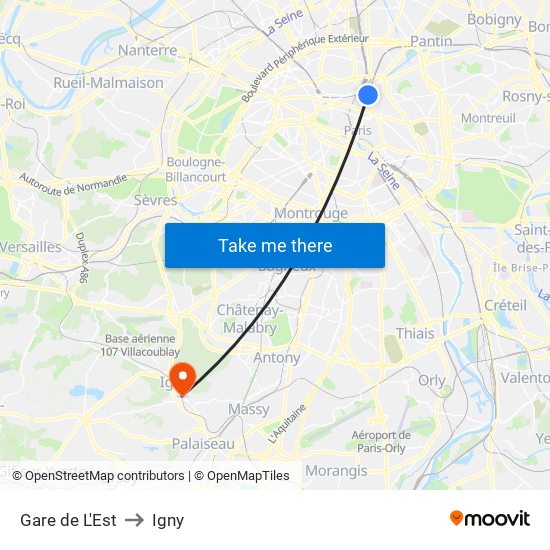 Gare de L'Est to Igny map