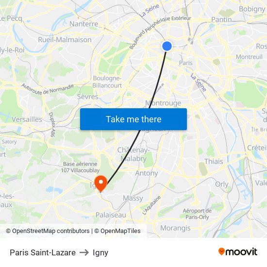 Paris Saint-Lazare to Igny map