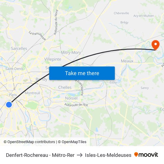 Denfert-Rochereau - Métro-Rer to Isles-Les-Meldeuses map