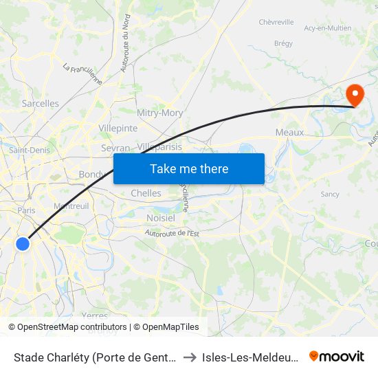 Stade Charléty (Porte de Gentilly) to Isles-Les-Meldeuses map