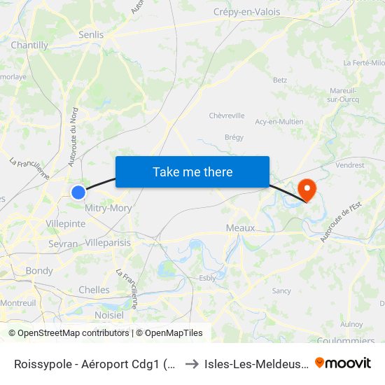 Roissypole - Aéroport Cdg1 (D1) to Isles-Les-Meldeuses map