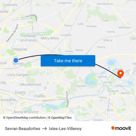 Sevran Beaudottes to Isles-Les-Villenoy map