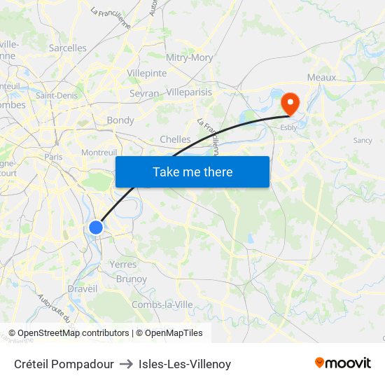 Créteil Pompadour to Isles-Les-Villenoy map