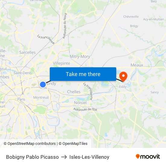 Bobigny Pablo Picasso to Isles-Les-Villenoy map