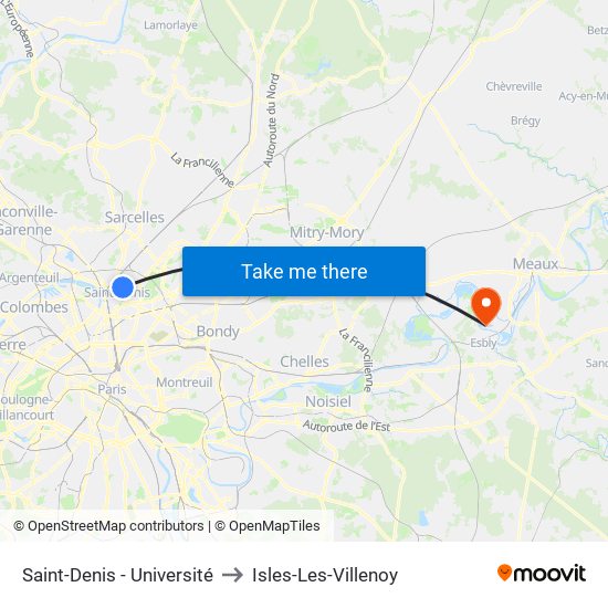 Saint-Denis - Université to Isles-Les-Villenoy map