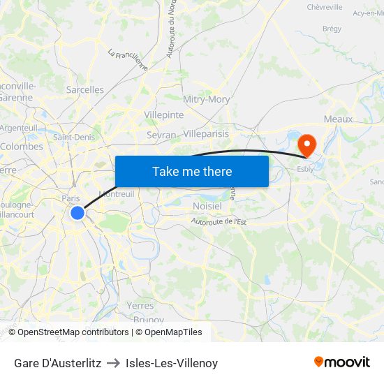 Gare D'Austerlitz to Isles-Les-Villenoy map