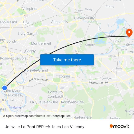 Joinville-Le-Pont RER to Isles-Les-Villenoy map