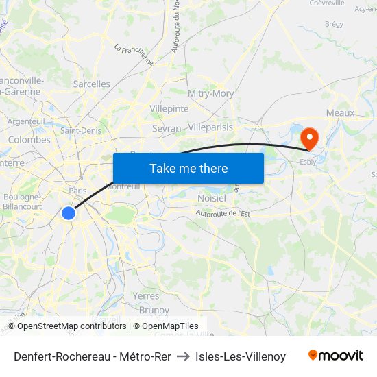 Denfert-Rochereau - Métro-Rer to Isles-Les-Villenoy map