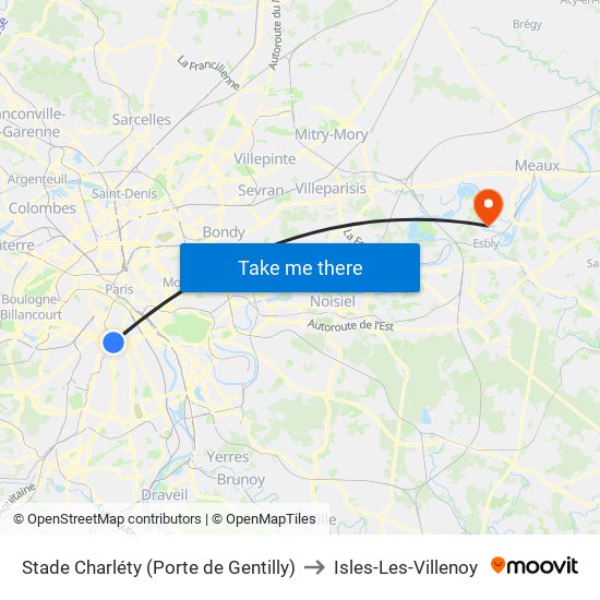 Stade Charléty (Porte de Gentilly) to Isles-Les-Villenoy map
