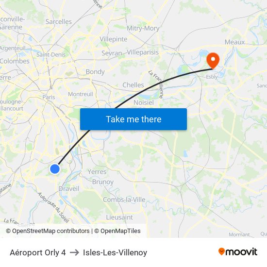 Aéroport Orly 4 to Isles-Les-Villenoy map