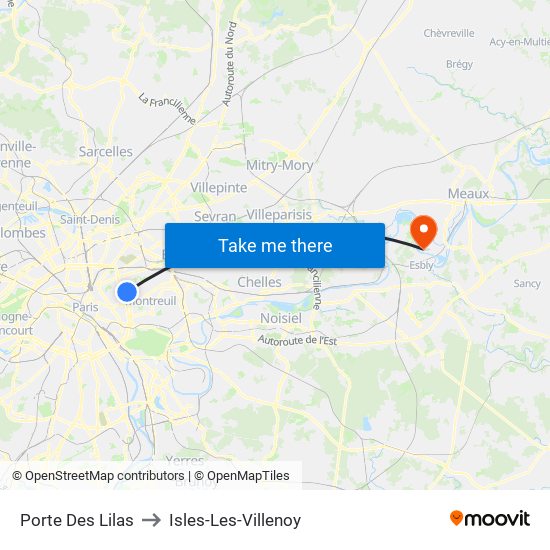 Porte Des Lilas to Isles-Les-Villenoy map