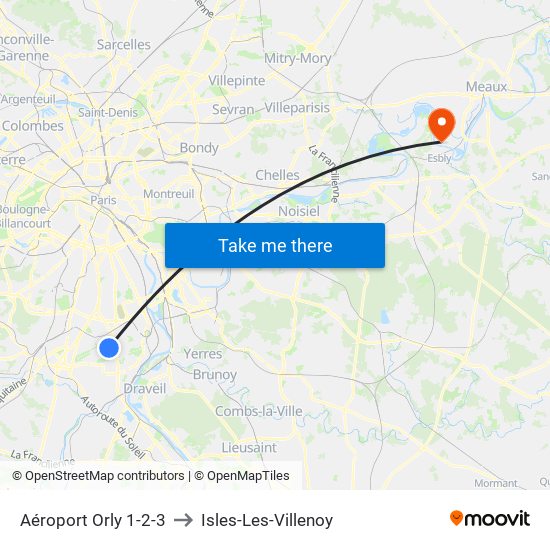 Aéroport Orly 1-2-3 to Isles-Les-Villenoy map