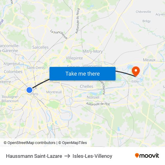 Haussmann Saint-Lazare to Isles-Les-Villenoy map