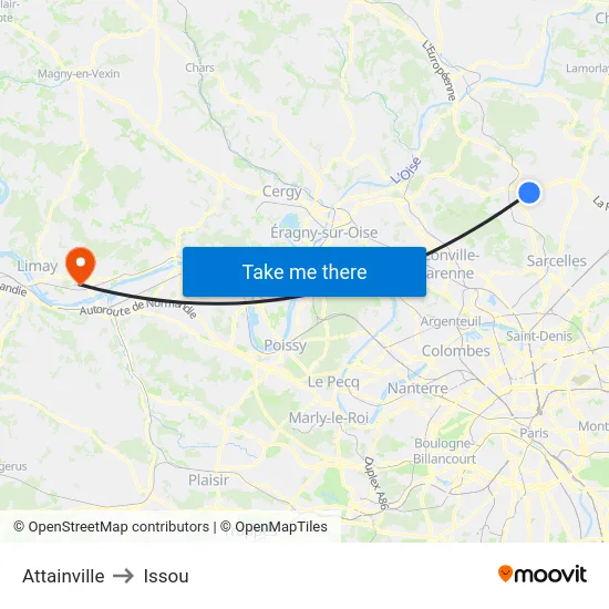 Attainville to Issou map