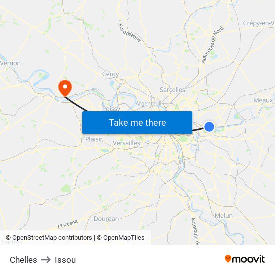 Chelles to Issou map
