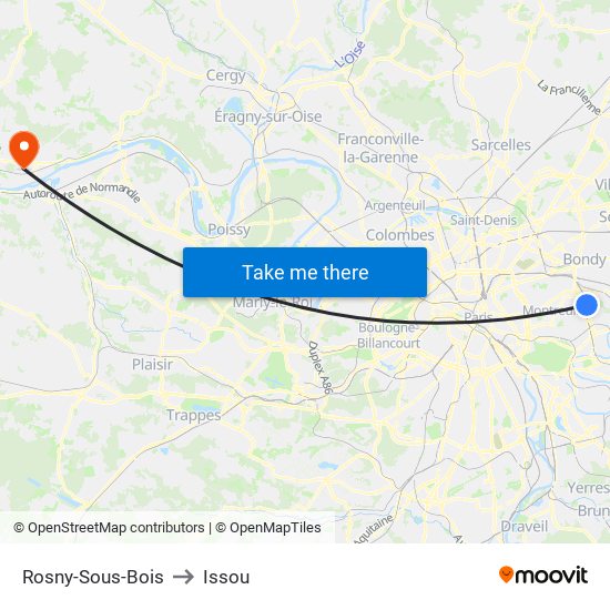 Rosny-Sous-Bois to Issou map