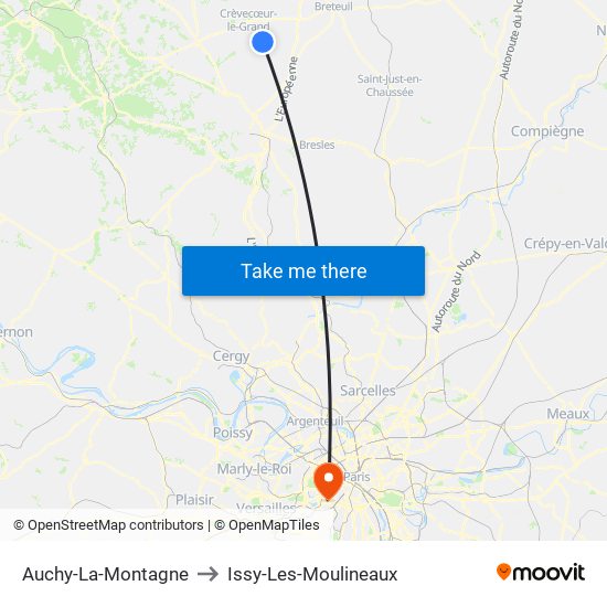 Auchy-La-Montagne to Issy-Les-Moulineaux map