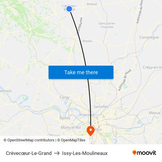 Crèvecœur-Le-Grand to Issy-Les-Moulineaux map