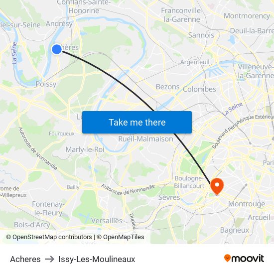 Acheres to Issy-Les-Moulineaux map