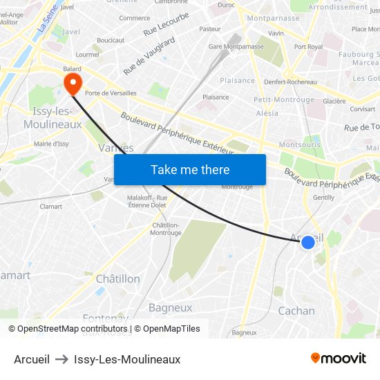 Arcueil to Issy-Les-Moulineaux map