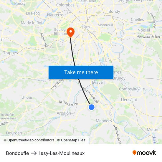 Bondoufle to Issy-Les-Moulineaux map