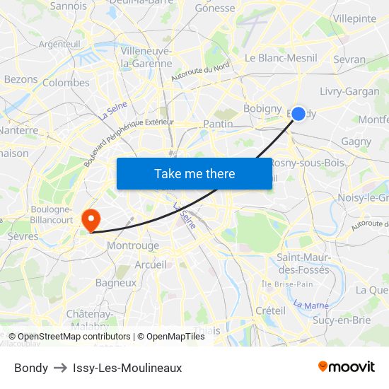 Bondy to Issy-Les-Moulineaux map