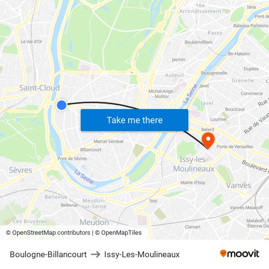 Boulogne-Billancourt to Issy-Les-Moulineaux map